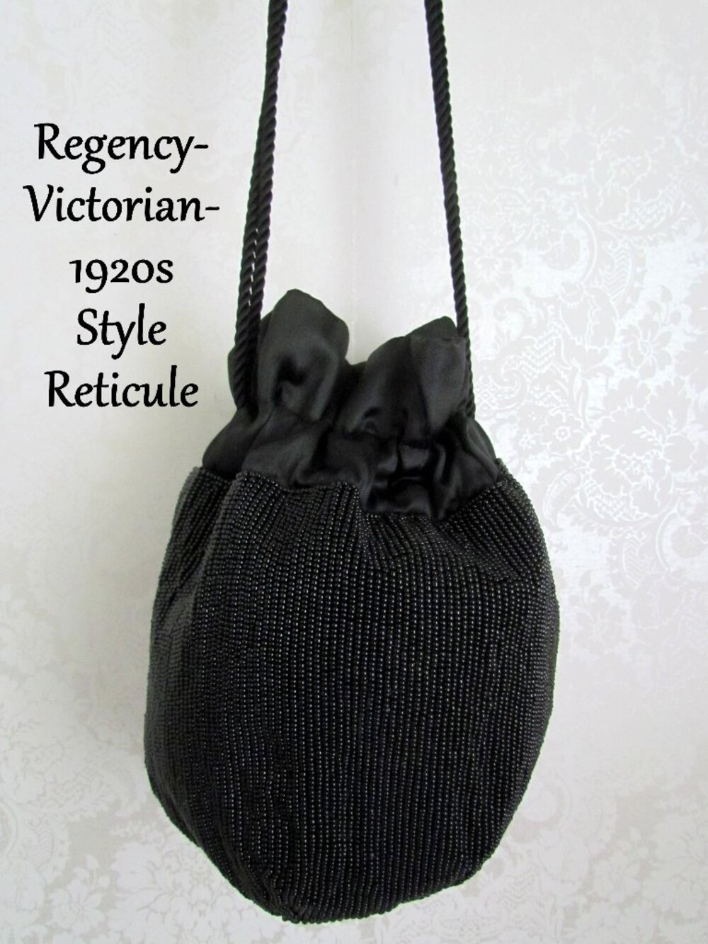 BAG, VICTORIAN RETICULE STYLE COSTUME ACCESSORY DRAWSTRING PURSE, BLACK CAPARROS